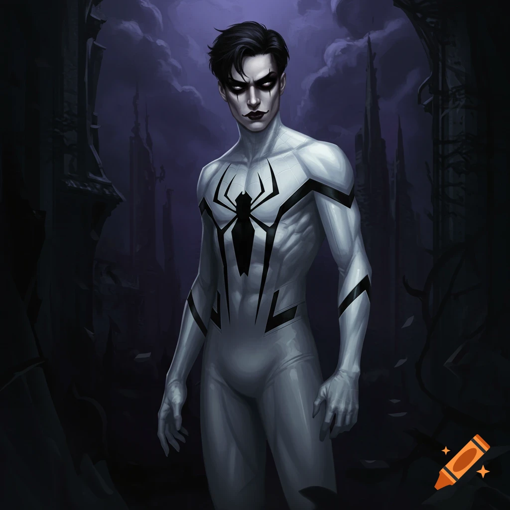 A character in a white spider suit with black spider symbol and goth makeup stands against a dark, ruinous background.