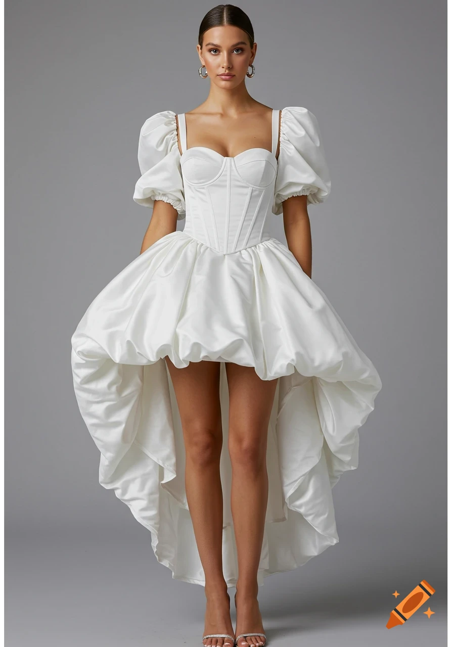A woman poses wearing a white high-low dress with a corset bodice and puffed sleeves.