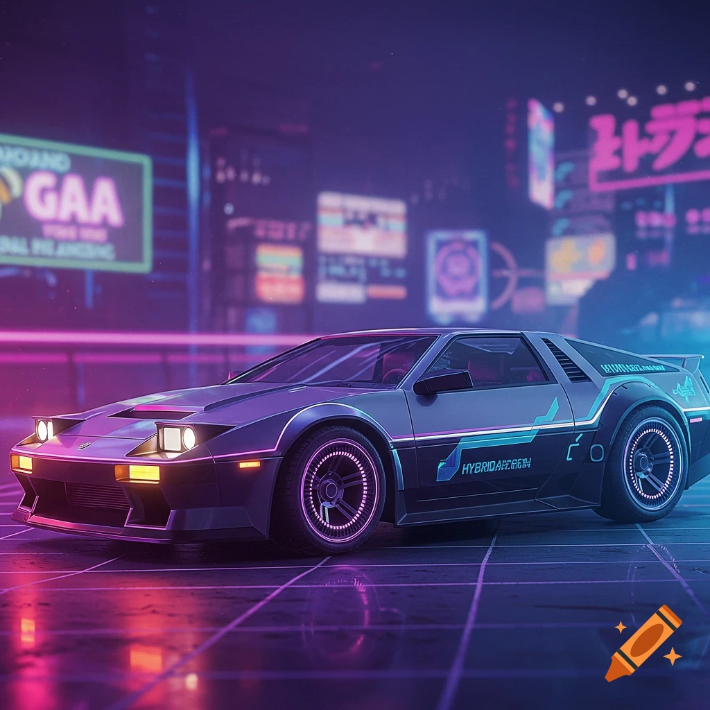 Futuristic 80s-style car parked on a street in a neon-lit cyberpunk city at night.