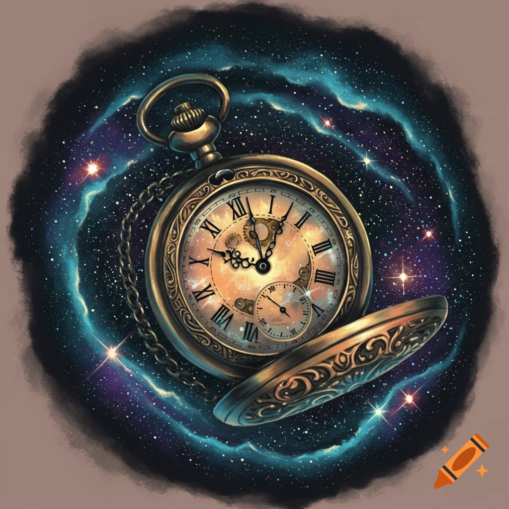 An illustration of a pocket watch with Roman numerals floating in a vibrant starry nebula, in a tattoo style.