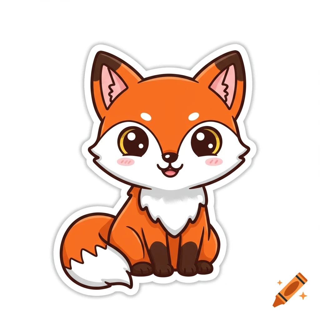 Cute cartoon fox sitting, styled like a sticker