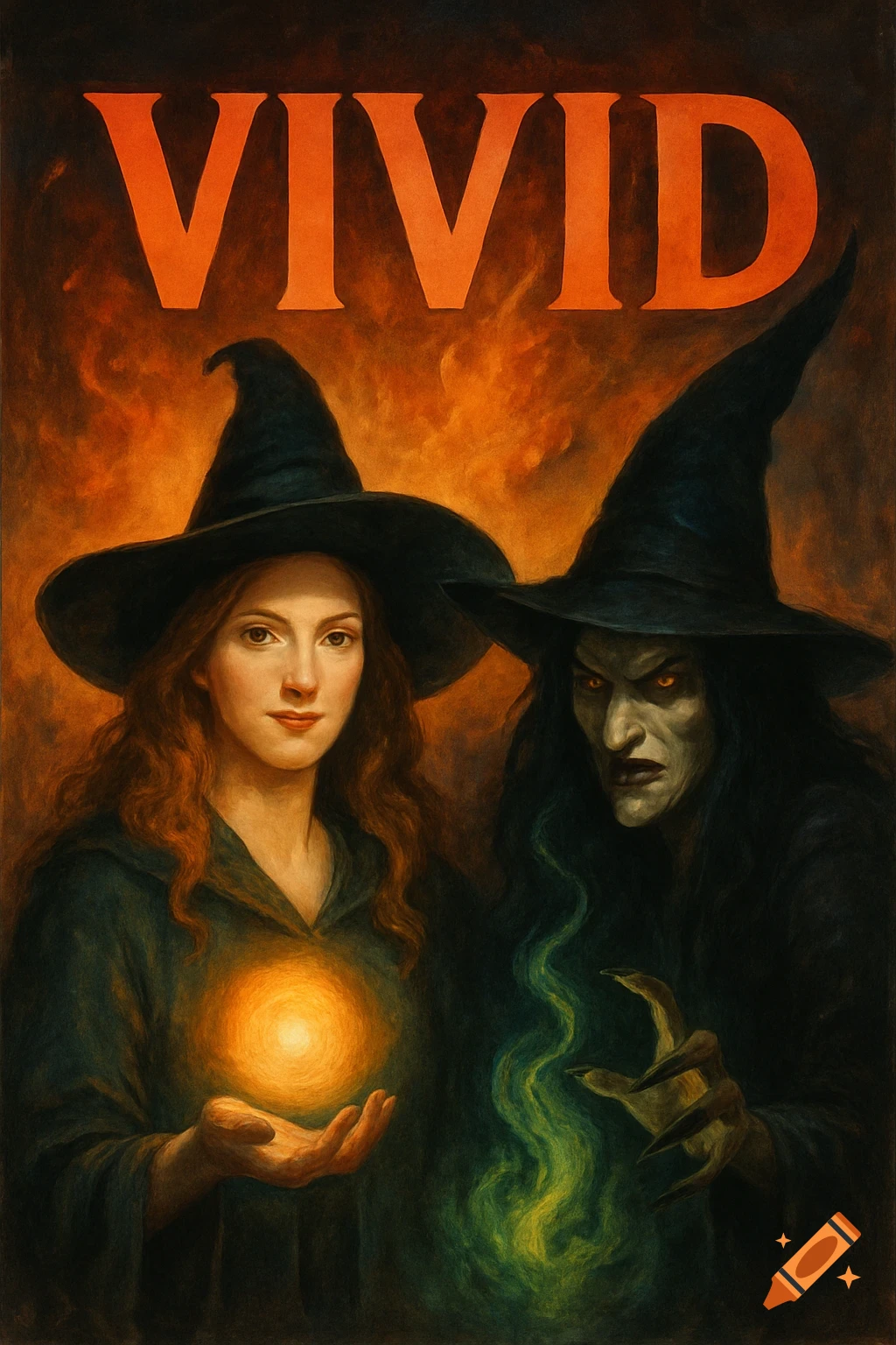 Movie poster for 'VIVID' featuring two witches, one appearing good and one evil, with glowing magic.