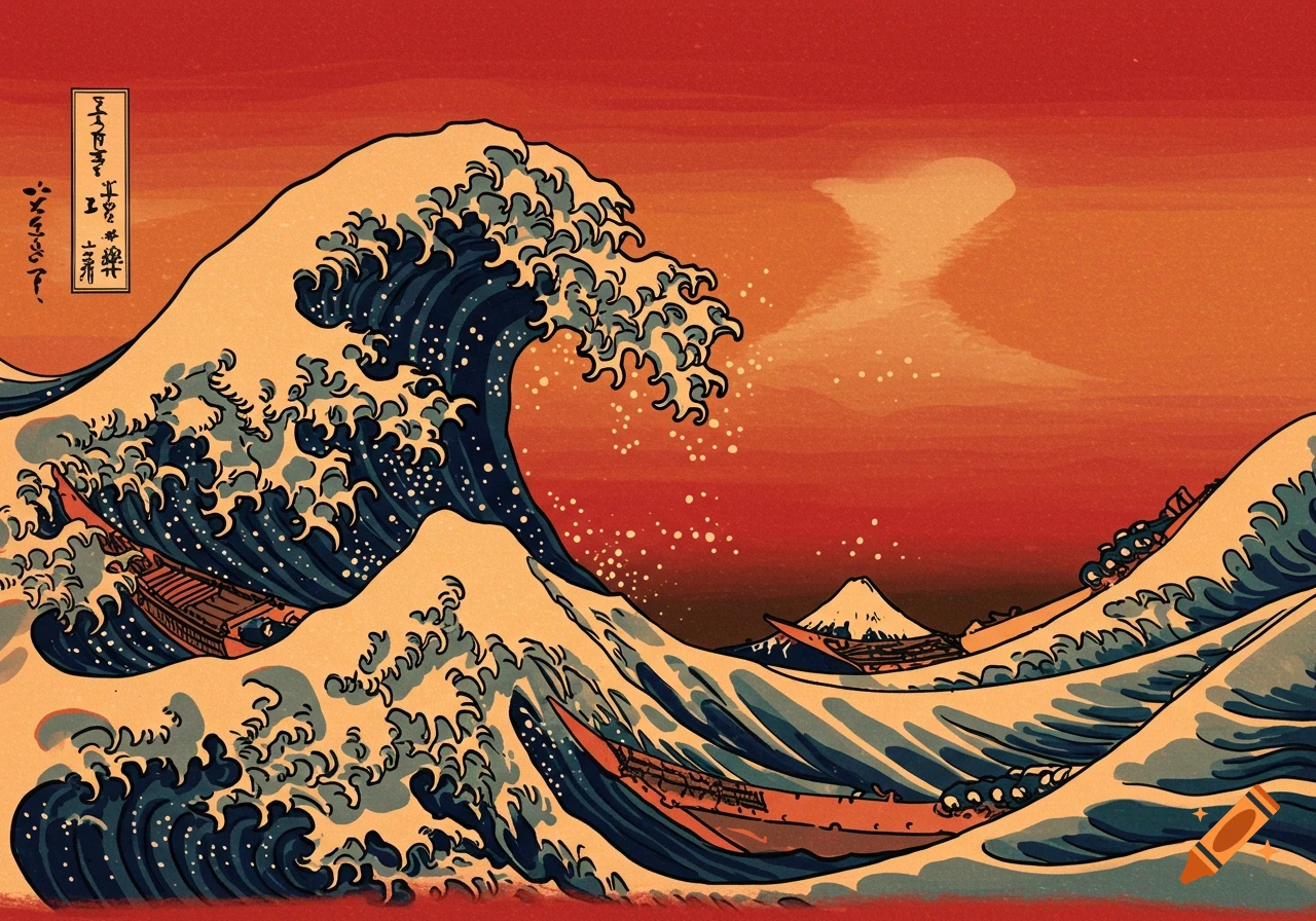 A large wave in the style of The Great Wave off Kanagawa, with boats and Mount Fuji under a red sky.