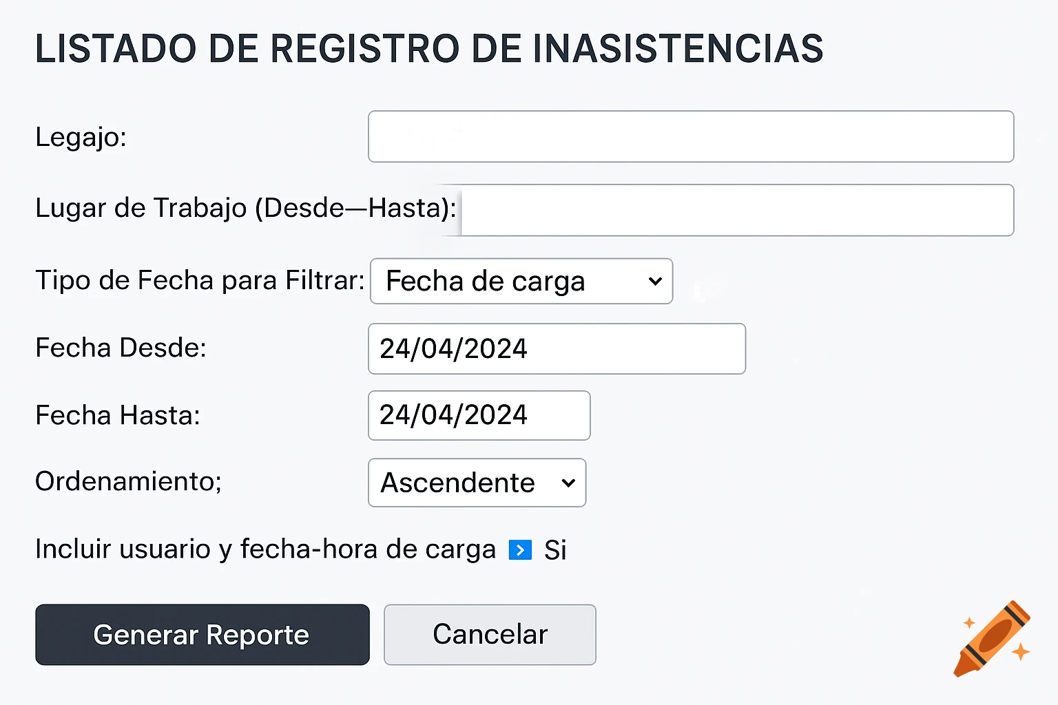 Screenshot of a Spanish form for absence registration.