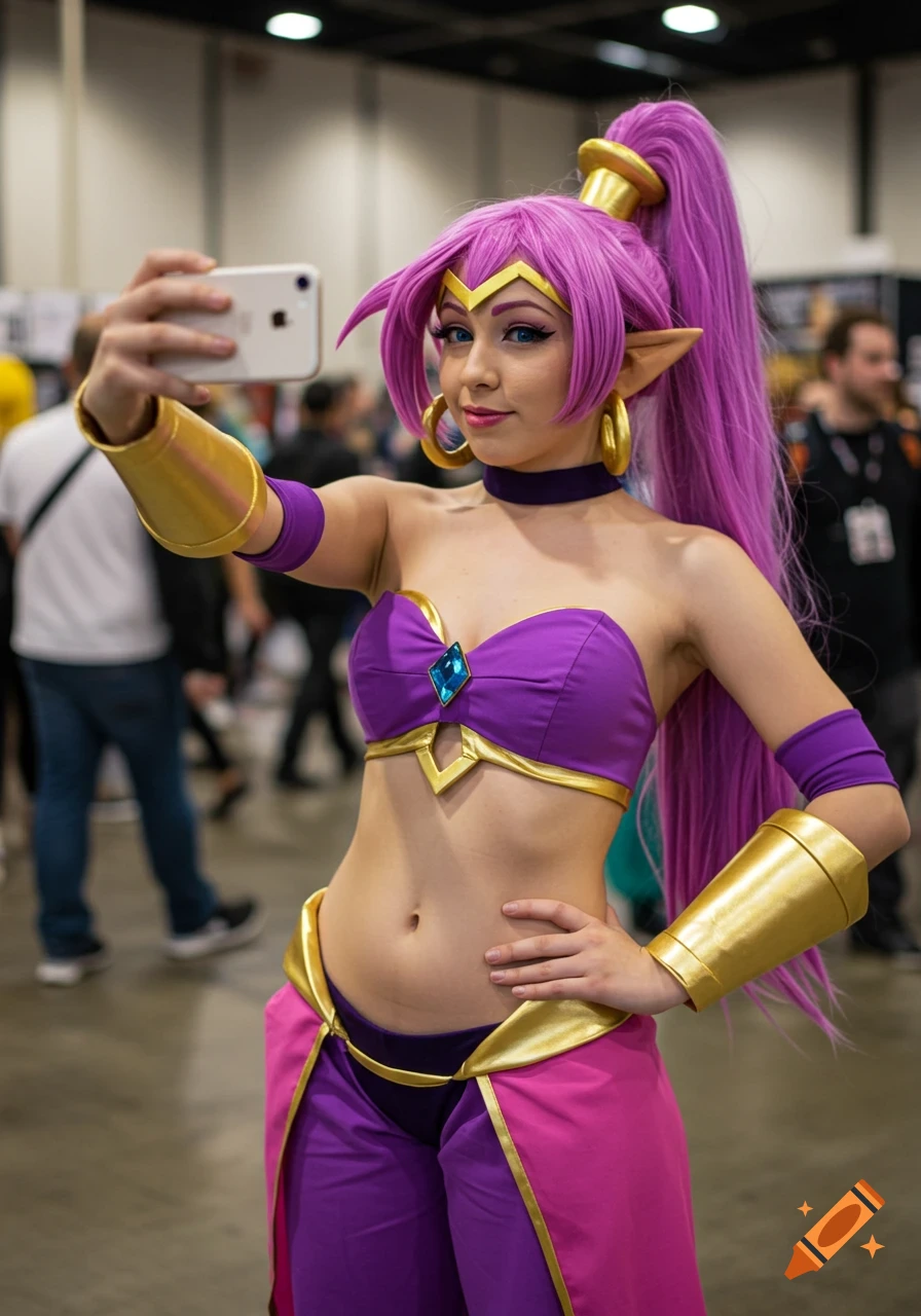 A woman cosplaying as Shantae takes a selfie with a phone.