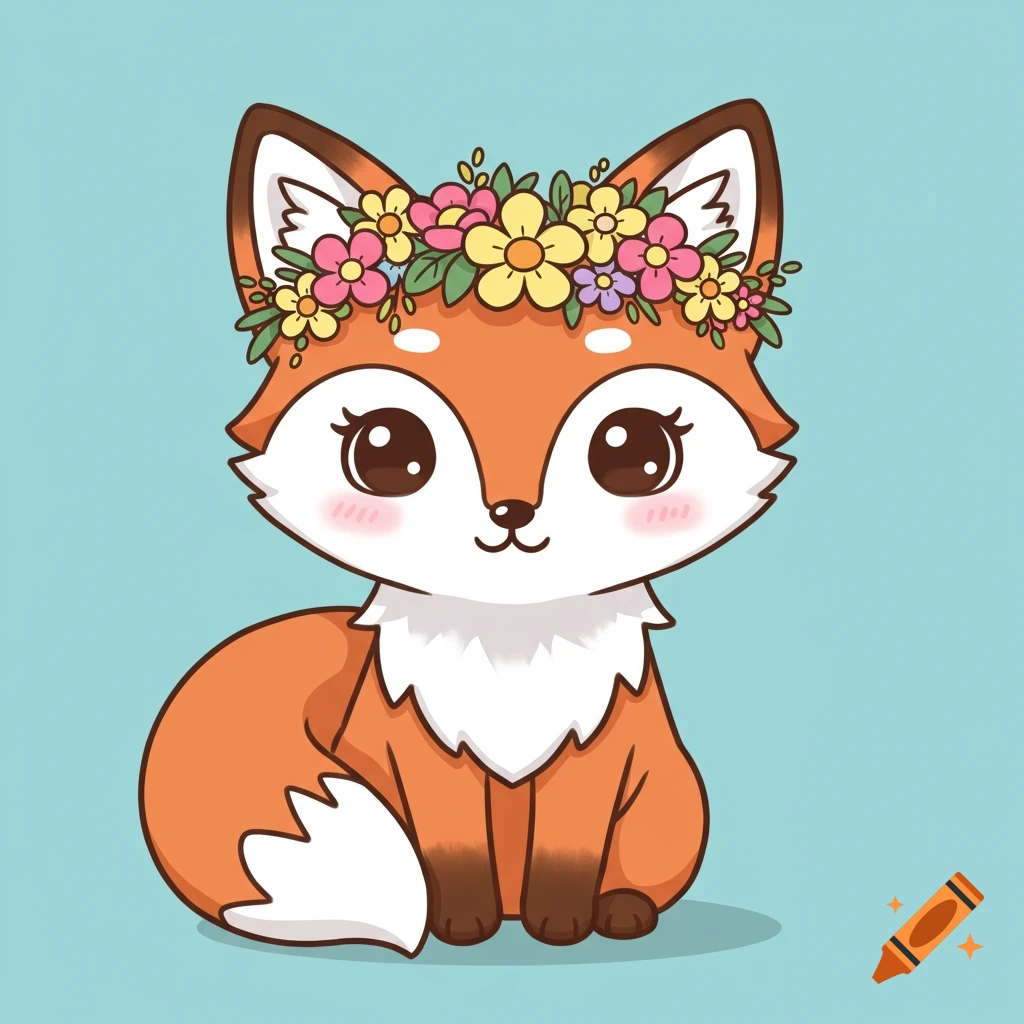 A cute cartoon fox wearing a flower crown against a blue background.