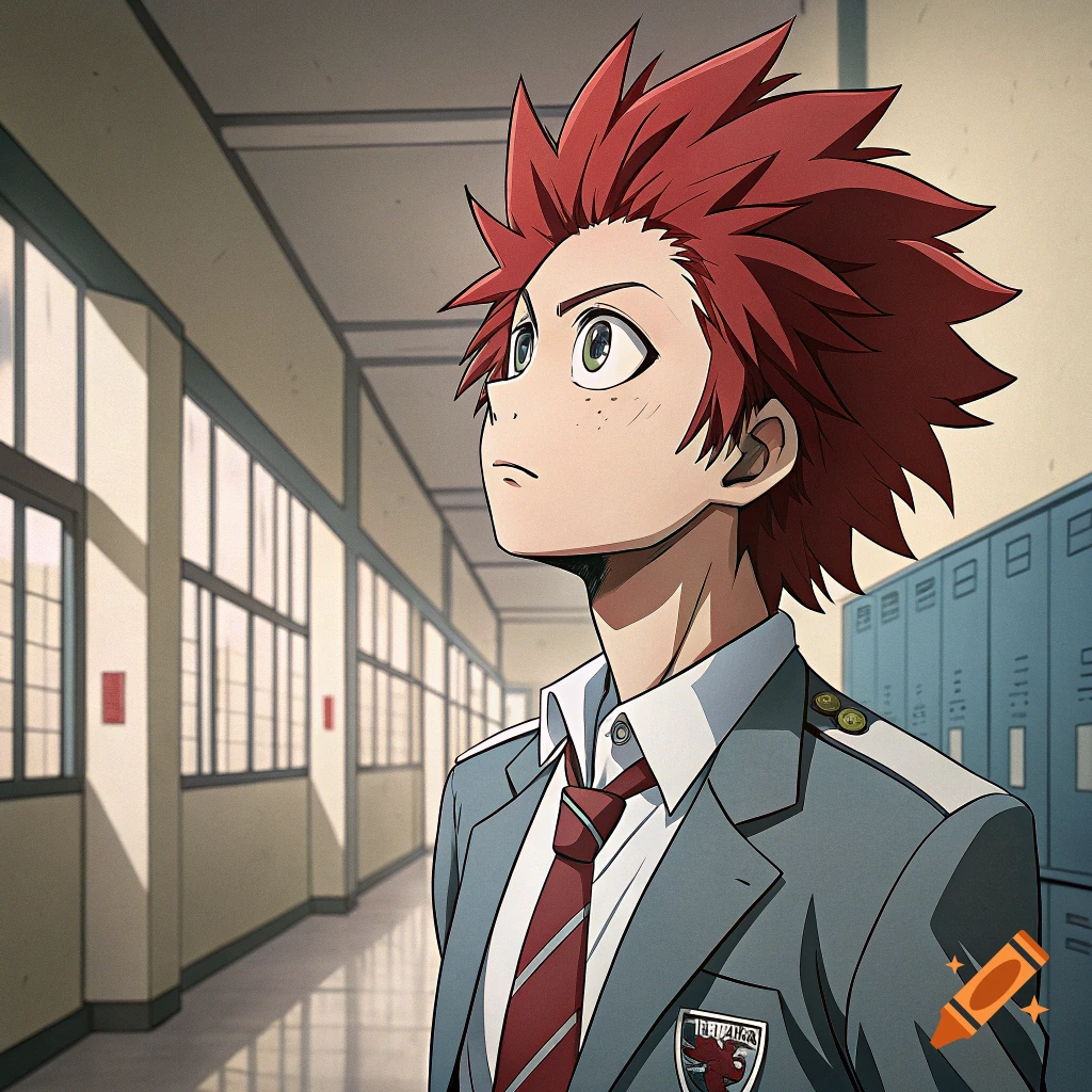 Anime boy with red spiky hair in a school uniform stands in a hallway looking up, in a manga style illustration.