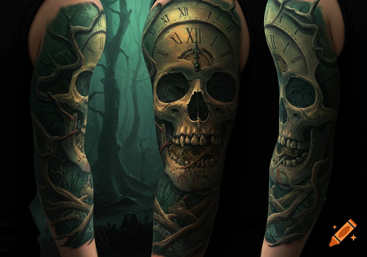 Tattoo sleeve with a skull, broken clock face, and dark forest scene.