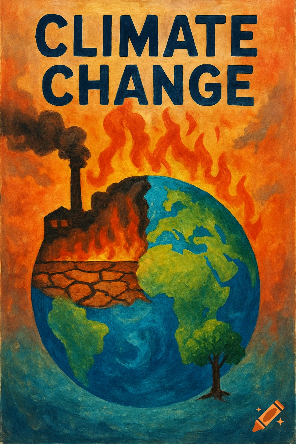 A poster shows the Earth split between lush green and cracked dry land, with a factory burning and text reading "CLIMATE CHANGE".