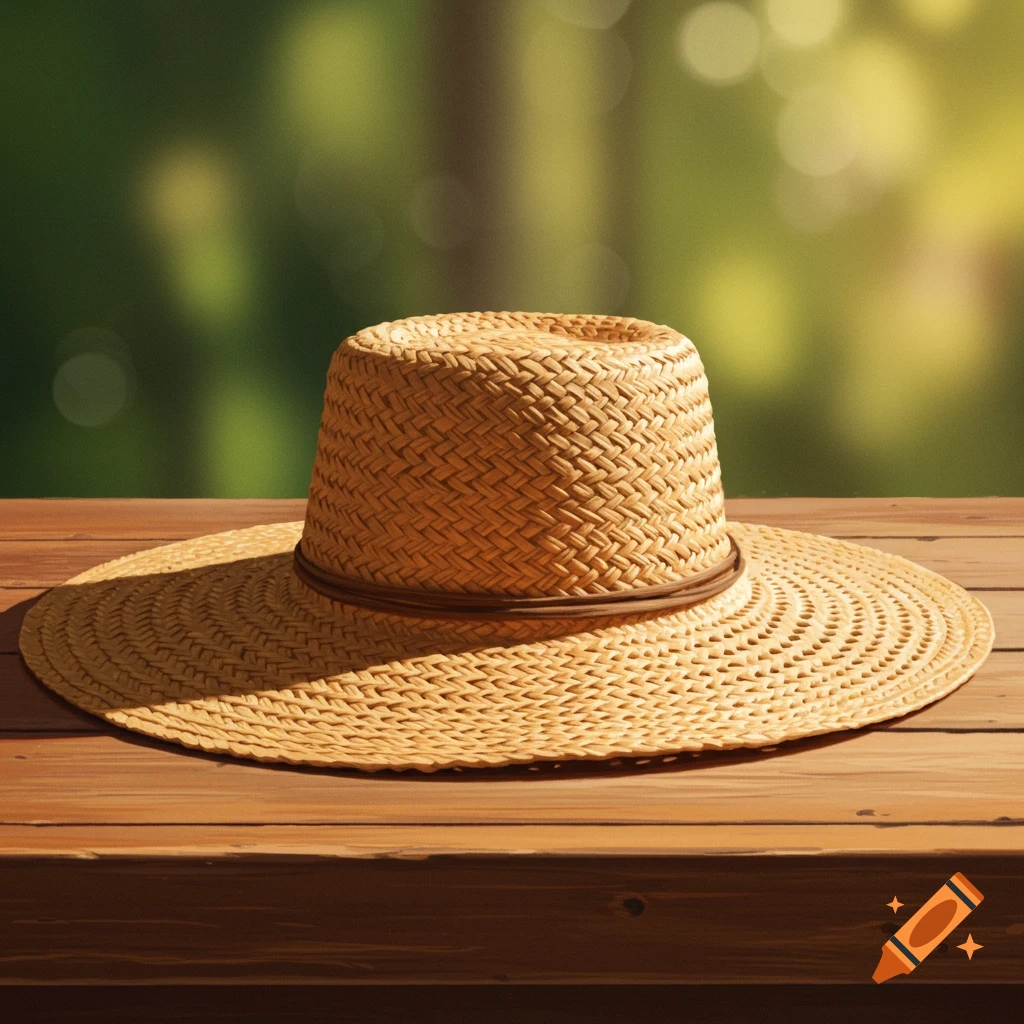A straw hat sits on a wooden table.