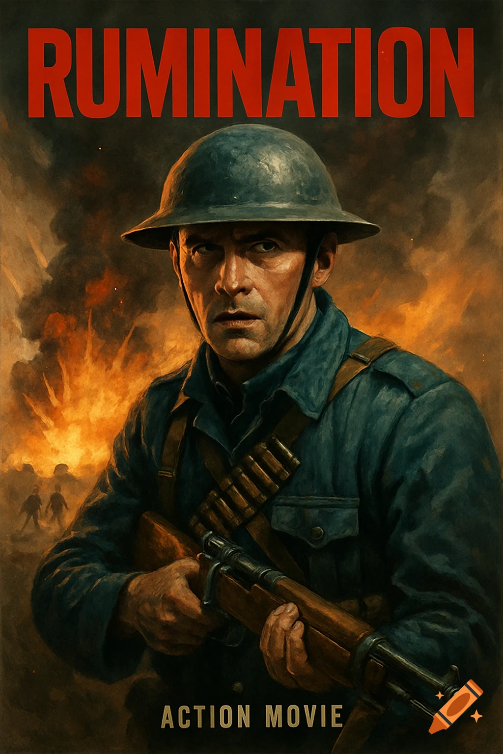 Movie poster of a soldier in uniform and helmet against a backdrop of explosions.
