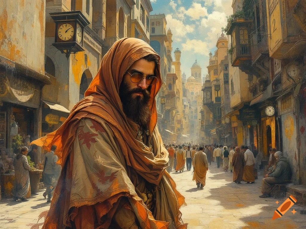 A mystic figure with a beard and sunglasses stands in a crowded, sunlit marketplace, rendered in a surreal, painterly style.