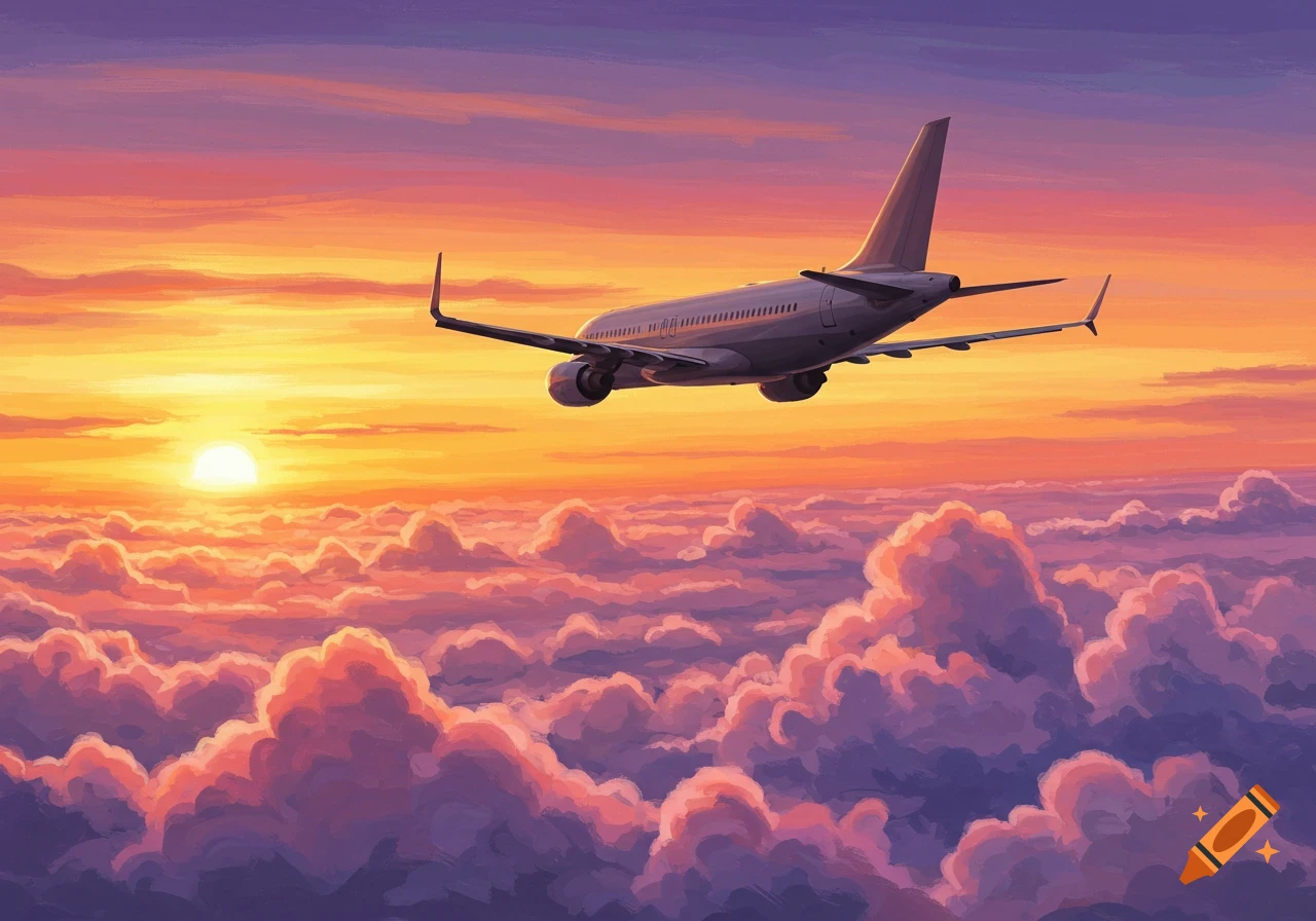 Airplane flying over pink and purple clouds at sunset, painterly style.
