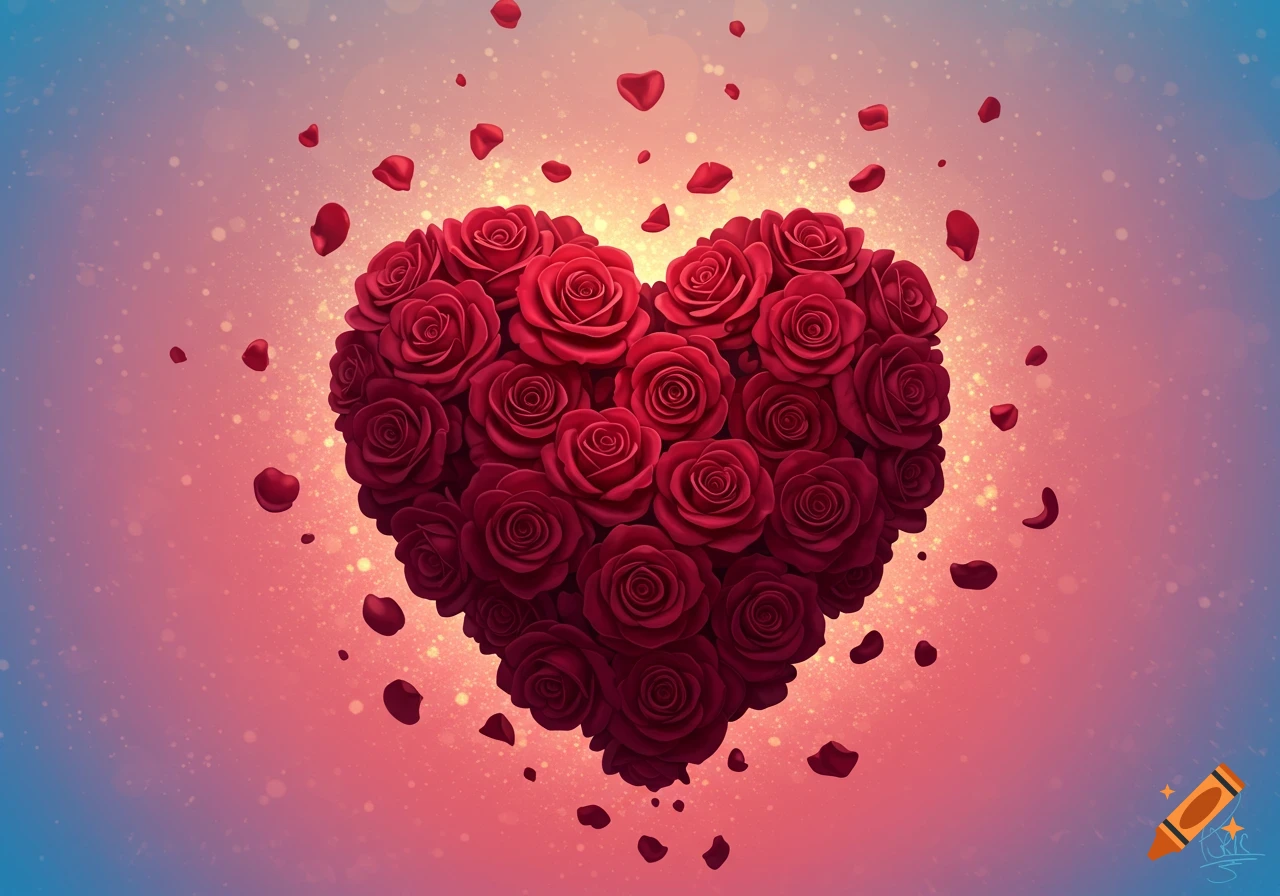 A heart shape made of red roses with falling petals on a pink and blue gradient background.