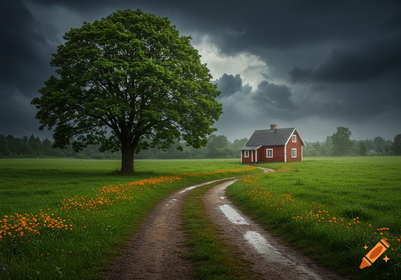 A red cottage beside a large tree on a winding path through a field of orange flowers under a stormy sky.
