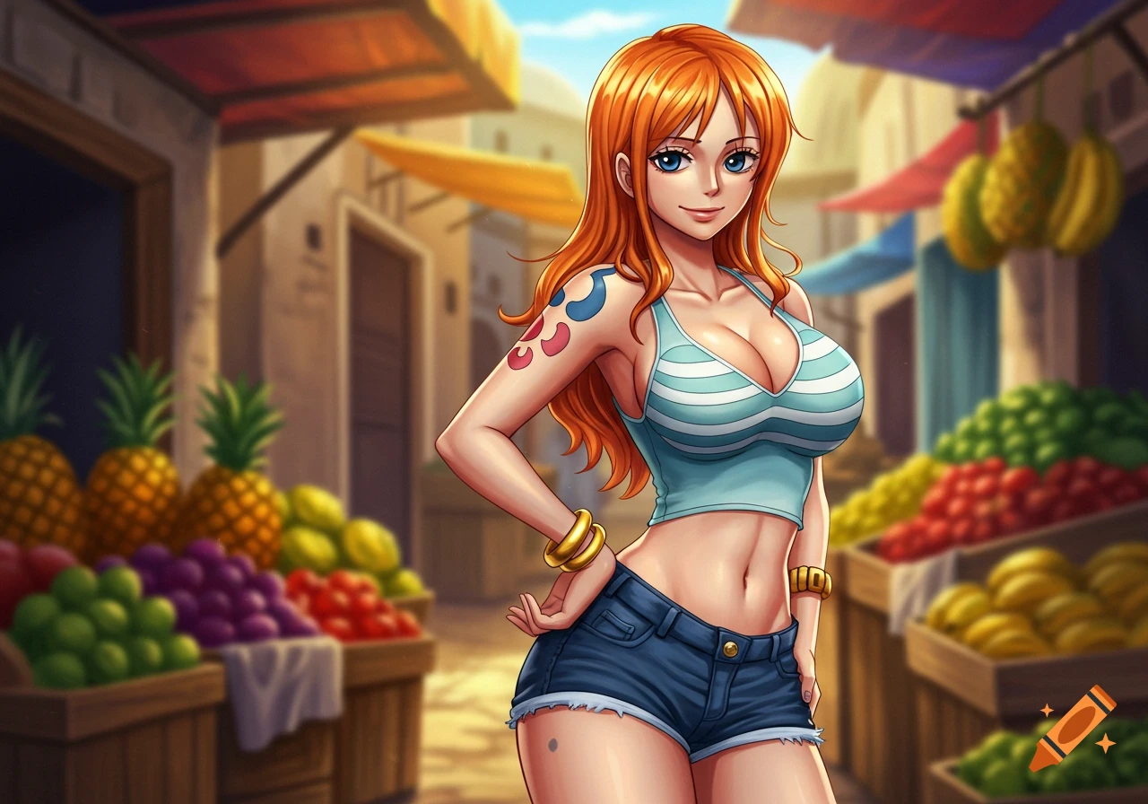 Anime character Nami from One Piece with orange hair, wearing a striped top and denim shorts, in a marketplace.