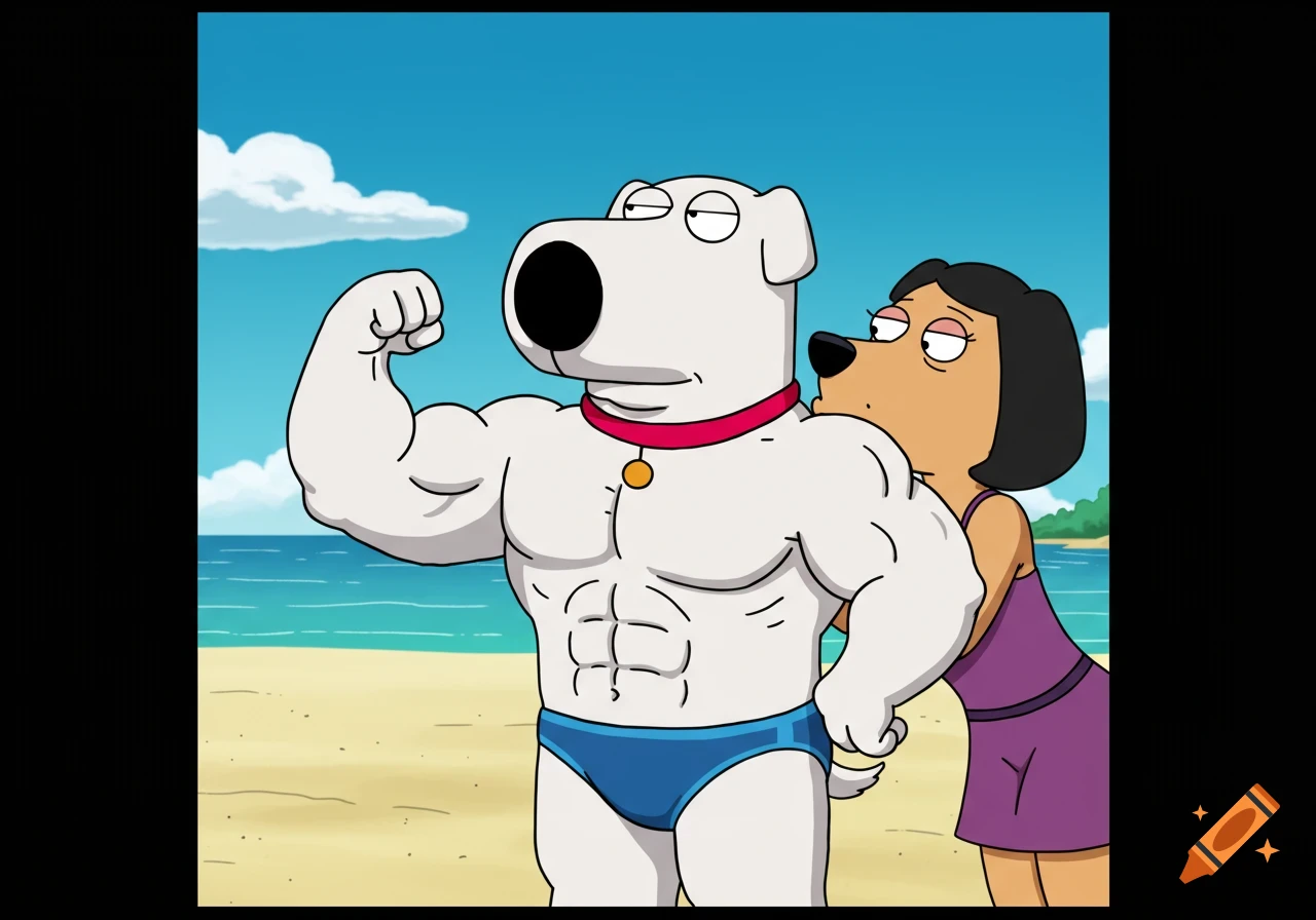 Brian from Family Guy, depicted with exaggerated muscles, flexes his bicep on a beach while wearing a blue speedo. A female dog kisses his shoulder. The image is in the Family Guy animation style.