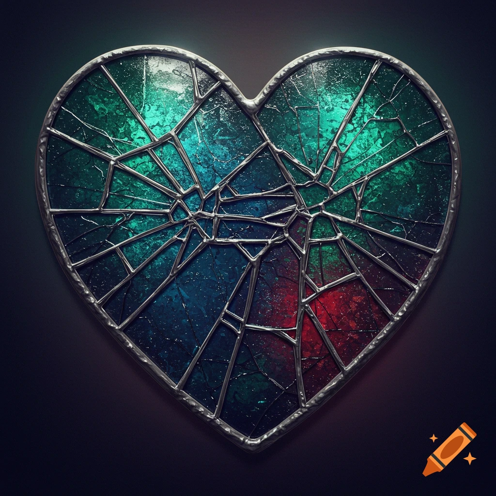 Stained and cracked glass heart with green, blue, and red panes.