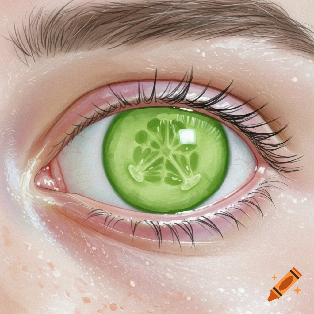 Close-up illustration of a human eye with a cucumber slice instead of an iris.