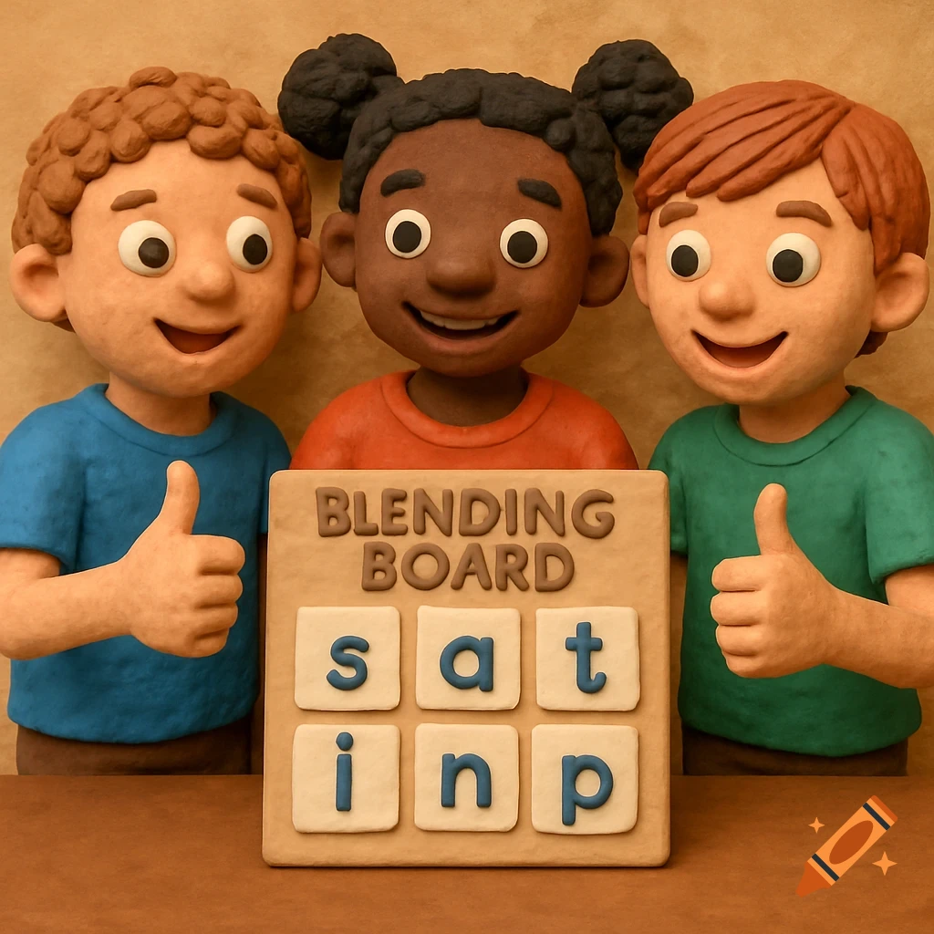 Three diverse claymation children give thumbs up while looking at a phonics blending board.