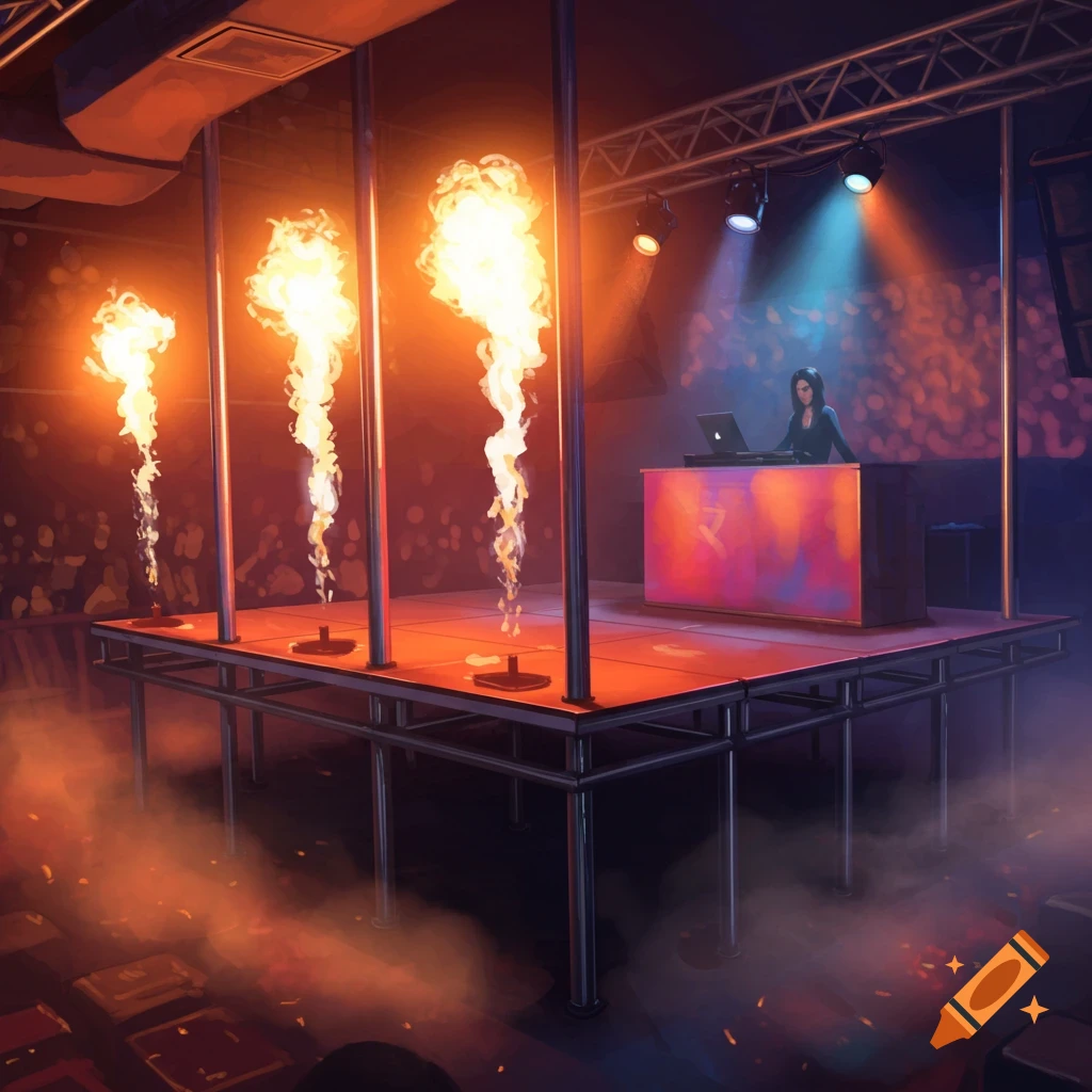 Stylized illustration of a DJ on an elevated club stage with metal poles and fire effects.