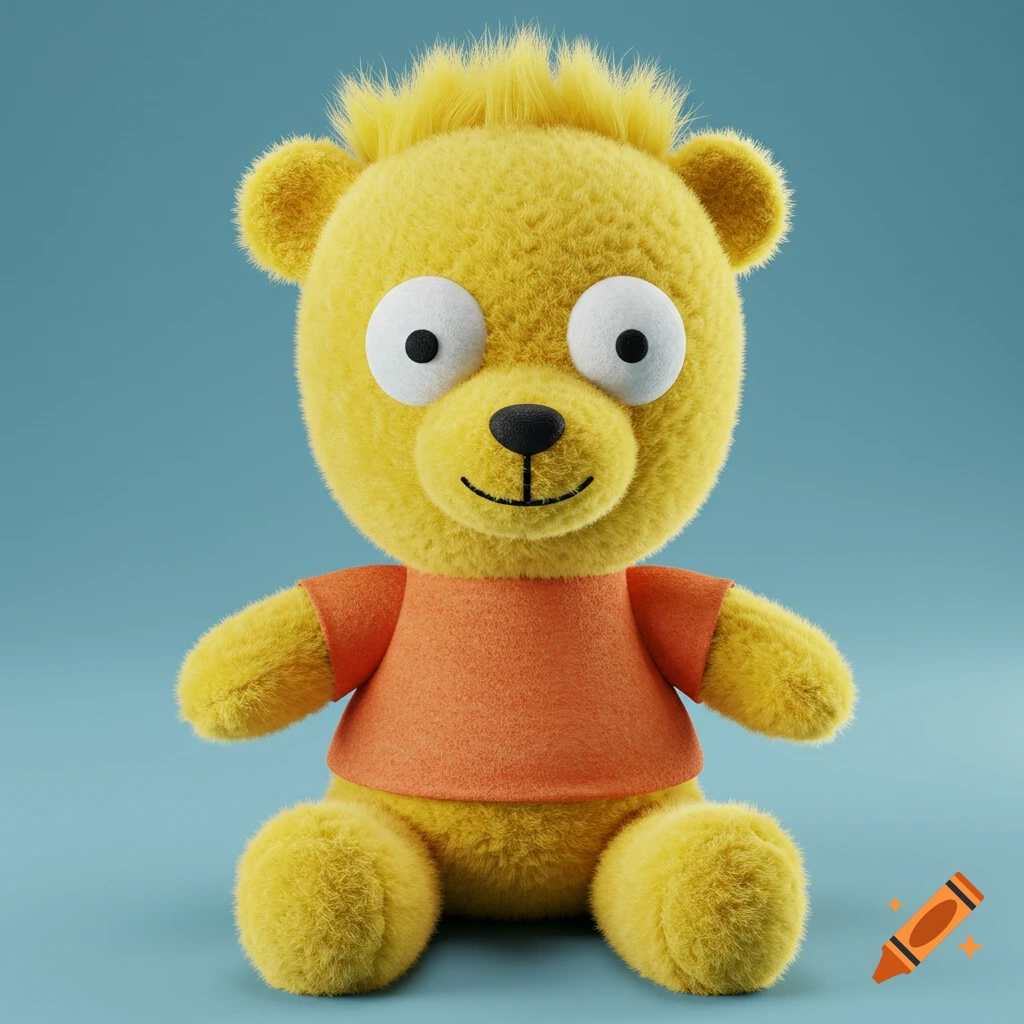 A fluffy yellow teddy bear wearing an orange t-shirt sits against a blue background.