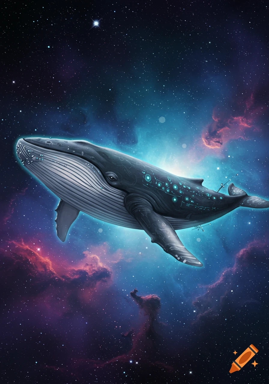 A large futuristic whale with glowing circuitry swims through a ...