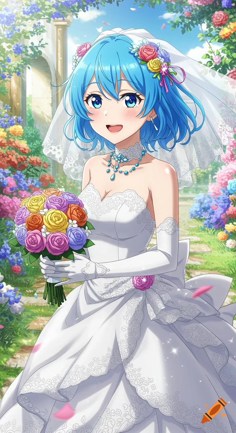 Anime girl with blue hair in a wedding dress holding a bouquet in a garden.