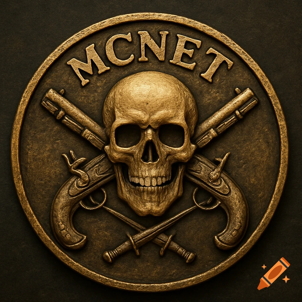 Bronze coin with a skull, crossed pistols and daggers, and 'MCNET' inscription.