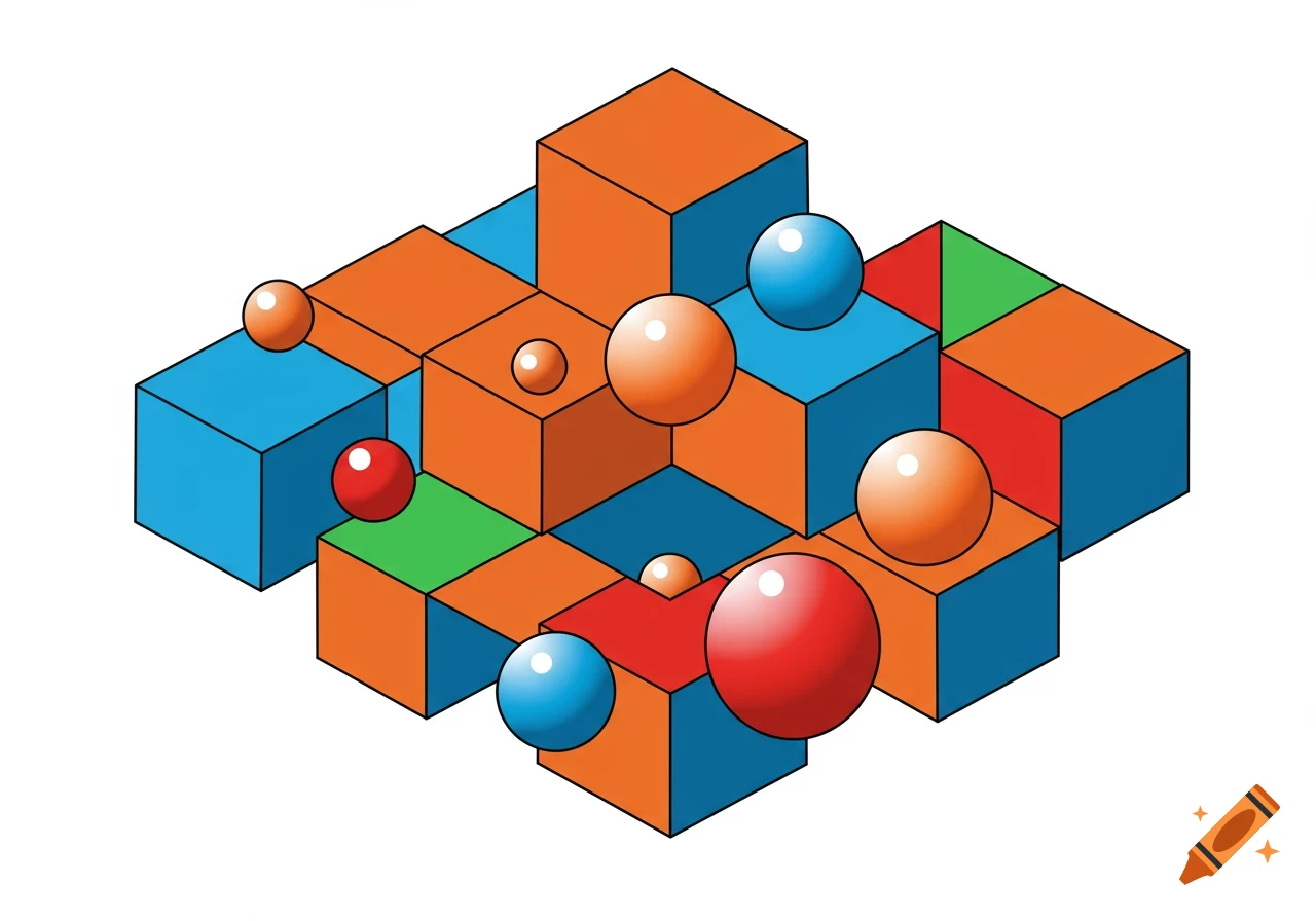 An isometric illustration of stacked orange, blue, and green cubes with various sized red, orange, and blue spheres floating around them.