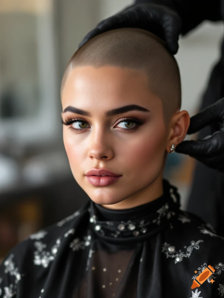 Close-up portrait of a woman with a shaved head, hands in black gloves on her head