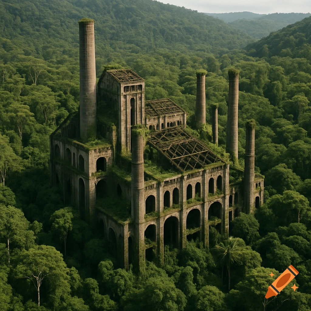 Aerial photo of a large, overgrown concrete factory ruin in a dense green jungle.