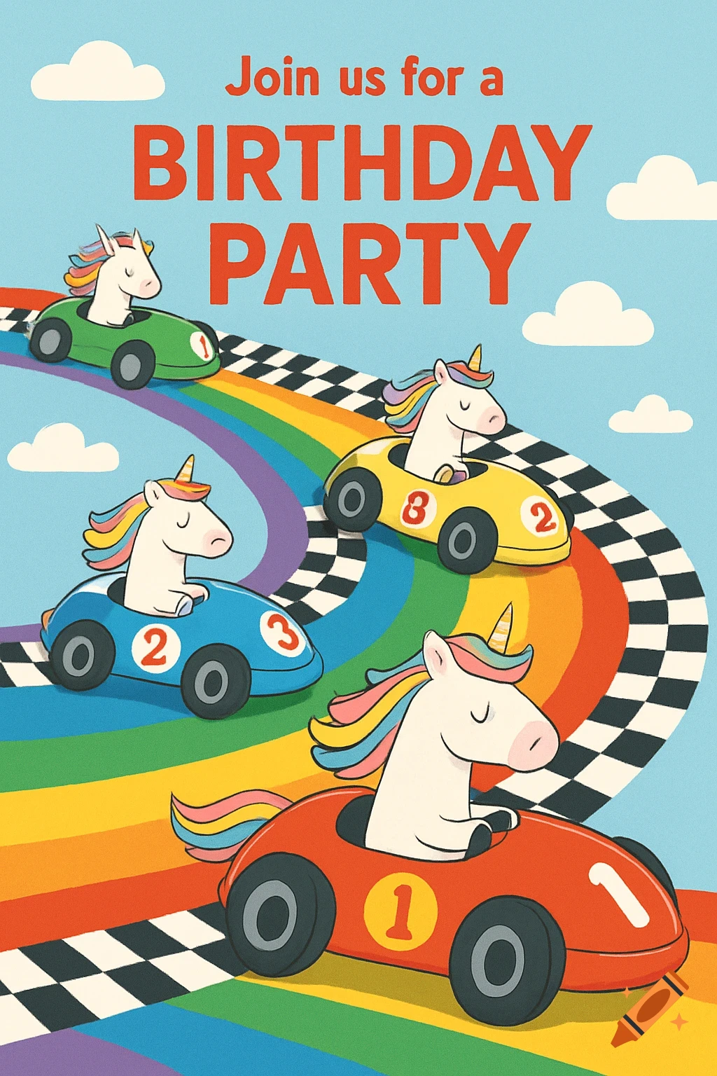 Illustration of unicorns driving race cars on a rainbow track, with text 'Join us for a Birthday Party'.
