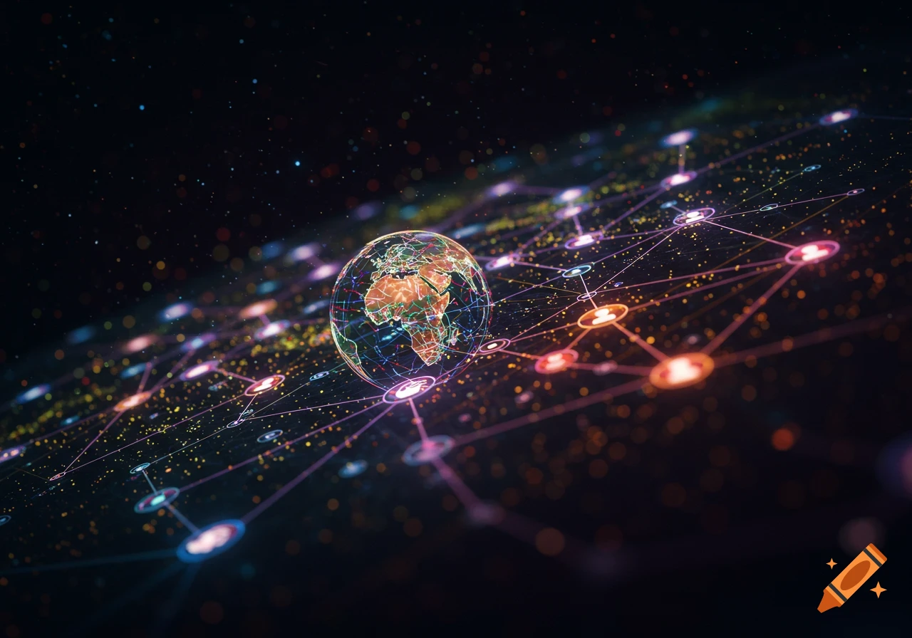 Glowing Earth globe connected by a digital network against a dark space background, abstract style.