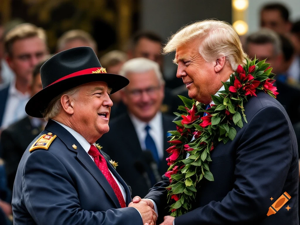 Two men, one in uniform and hat, the other in a suit and lei, shaking hands.
