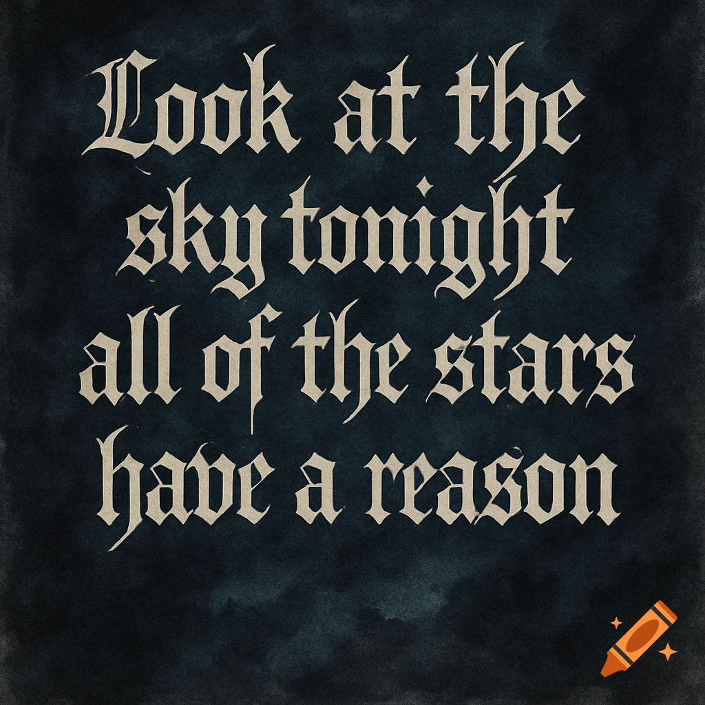 Text in a gothic font on a dark, textured background reads 'Look at the sky tonight all of the stars have a reason'.