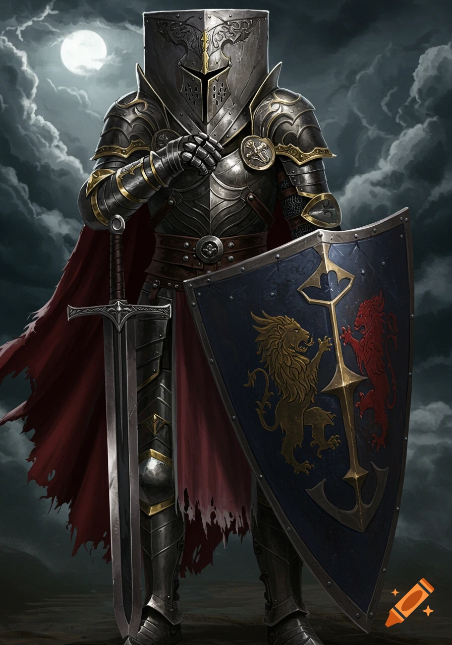 A full shot of a knight in dark ornate armor holding a shield with lion emblems and a sword under a full moon.