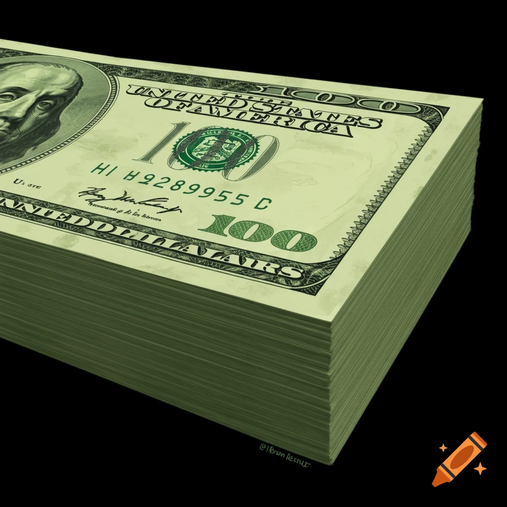 Close-up of a large stack of green hundred dollar bills.