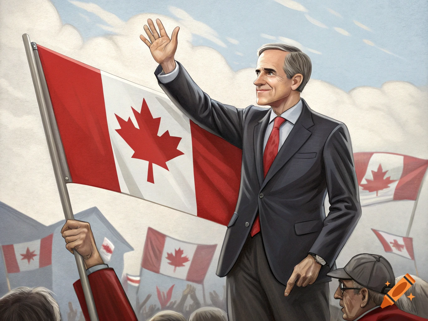 Illustration of a man in a suit waving in front of Canadian flags and a crowd.