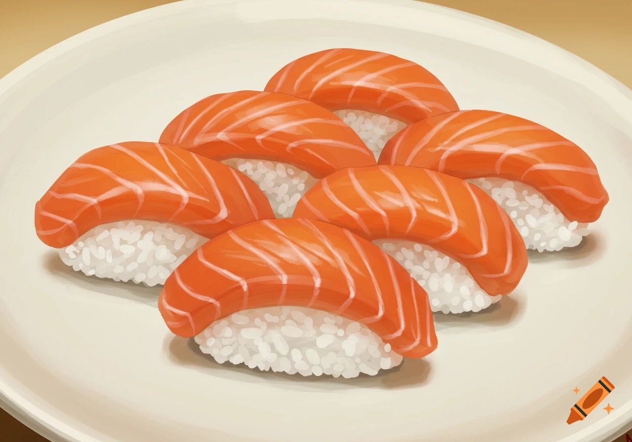 Six pieces of salmon nigiri sushi on a plate