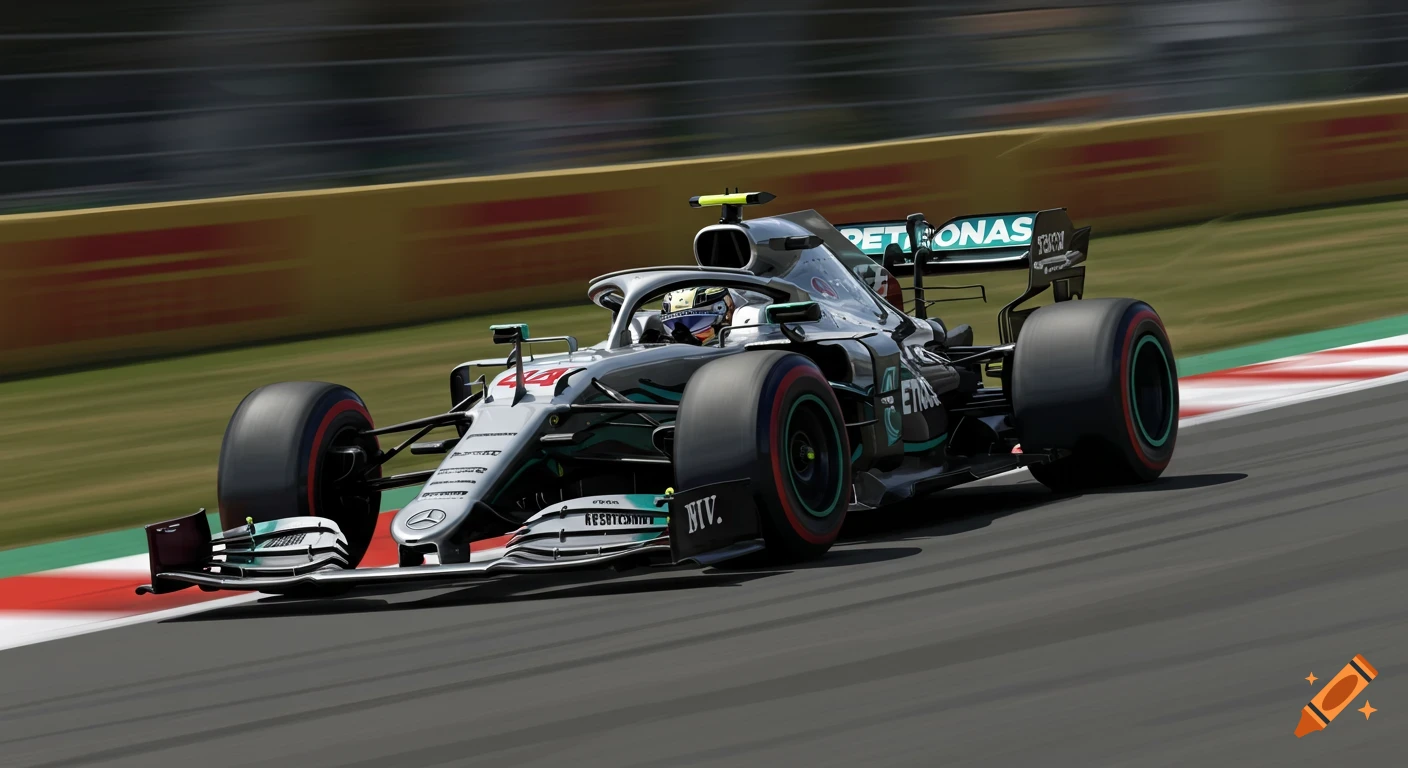 A Mercedes F1 car races on a track.