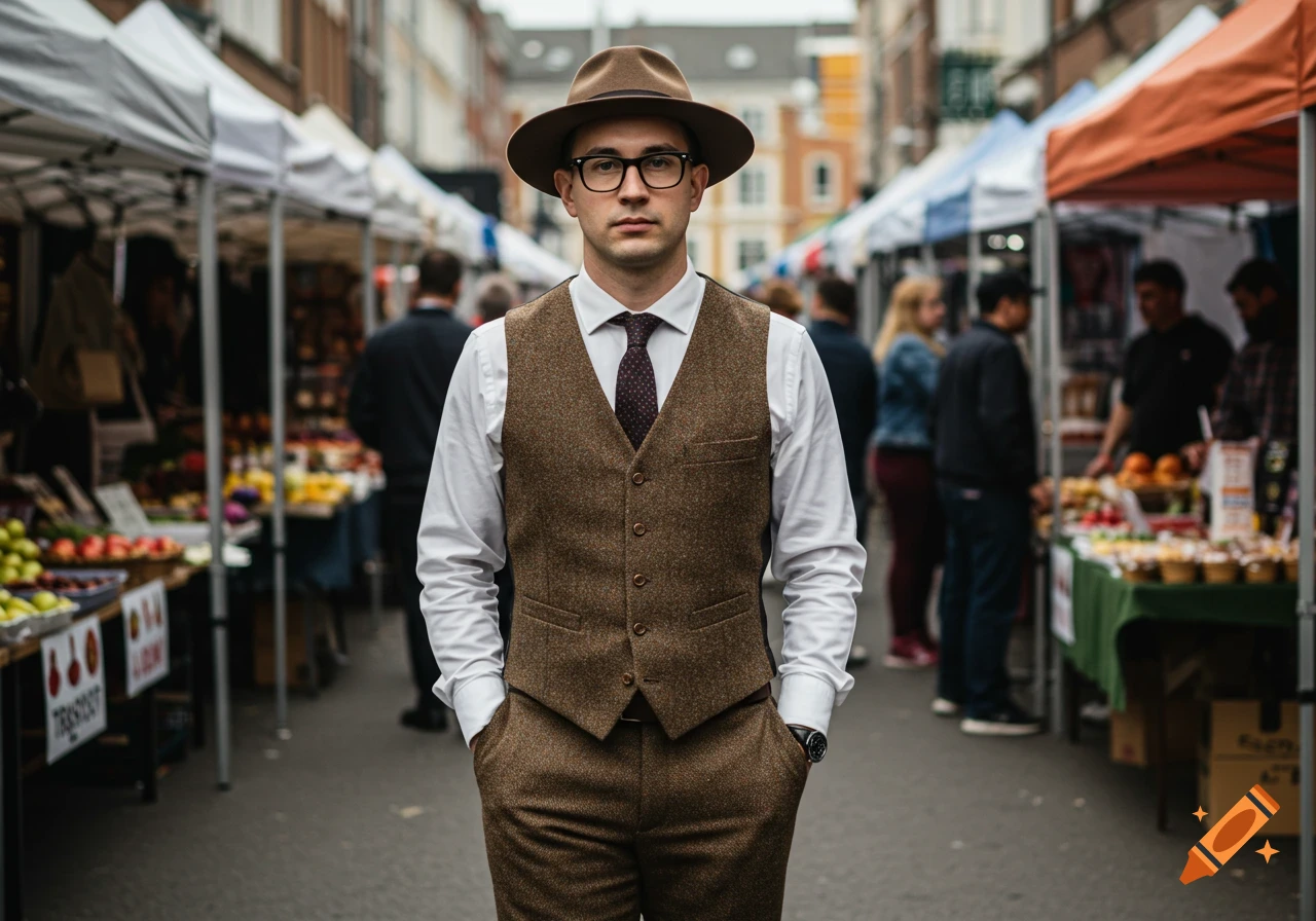 A man in a brown tweed suit vest, pants, hat, and glasses stands in a street market.