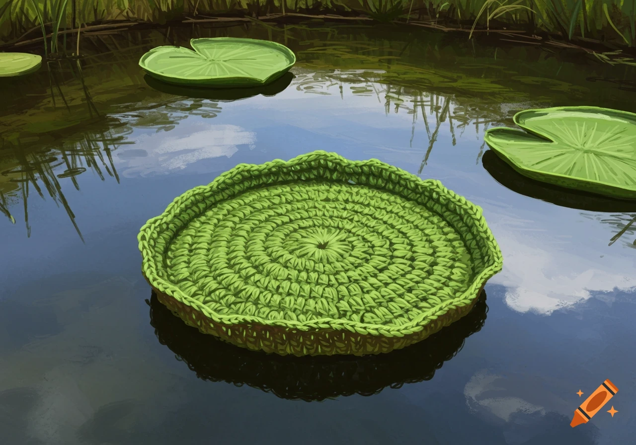 A lily pad on water depicted as green crochet material.