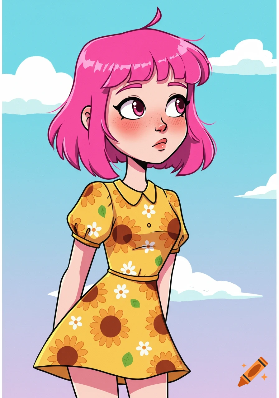 Cartoon girl with pink hair and sunflower dress looking left under a blue sky