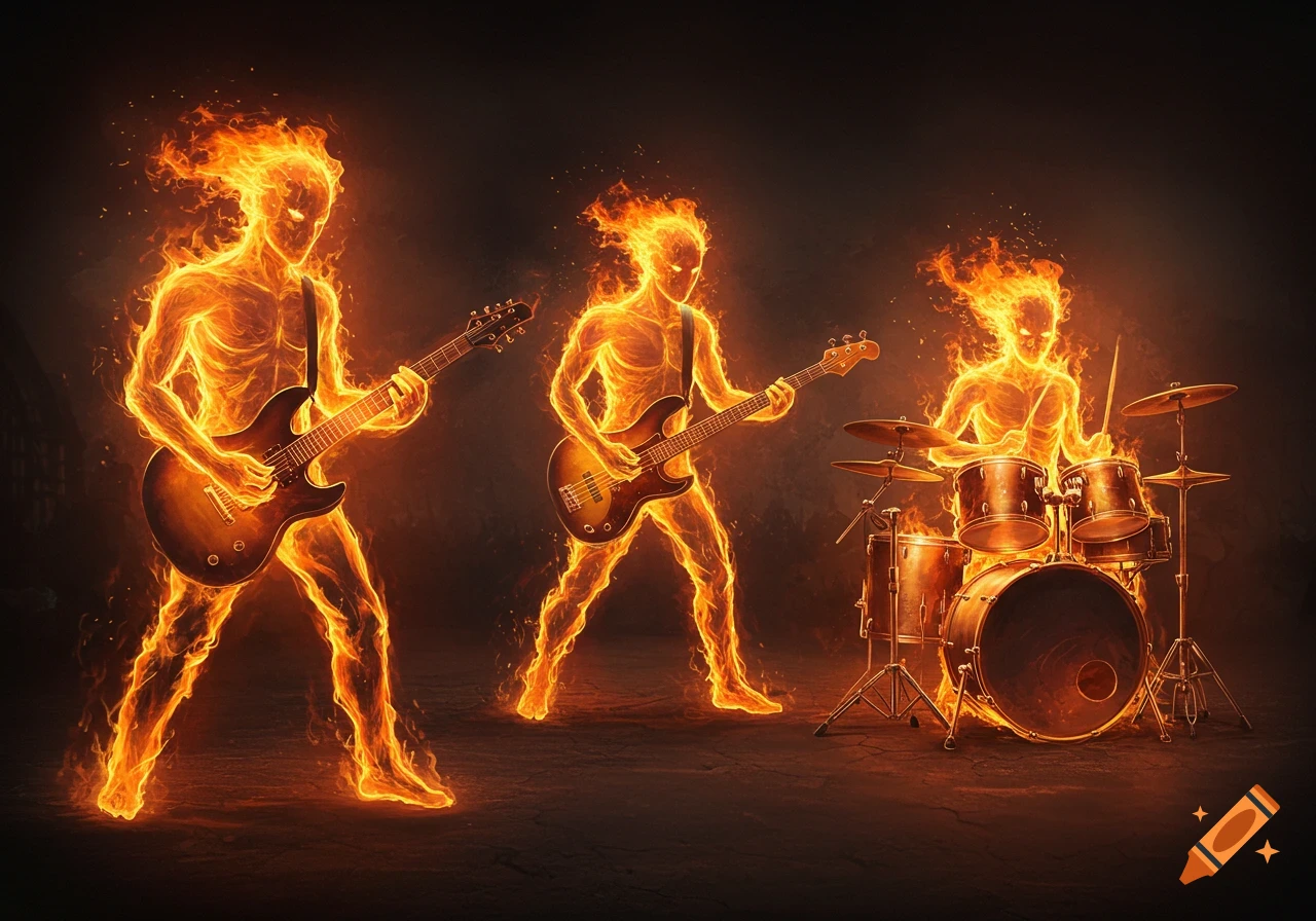 Three musicians made of flames playing instruments.