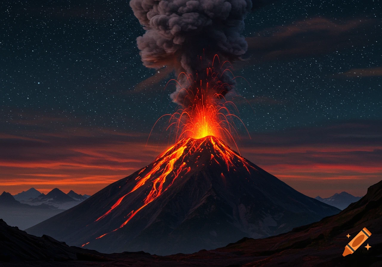 A volcano erupting at night under a starry sky, with glowing lava flowing down its slopes.