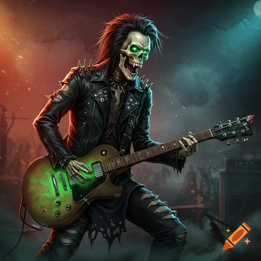 Illustration of a skeleton in rock clothes playing a green electric guitar on stage.