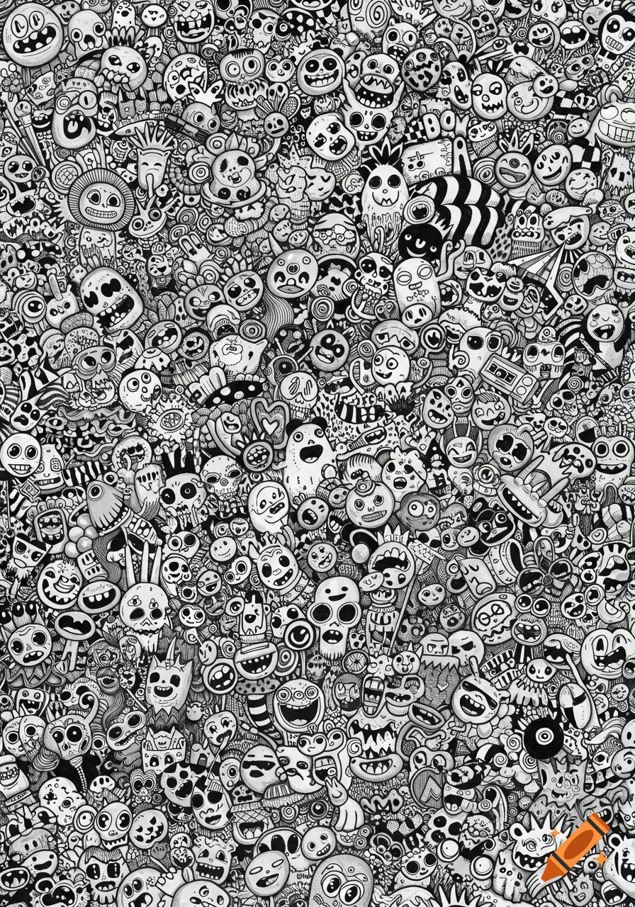 Dense black and white doodle illustration packed with many different cartoon characters and symbols.