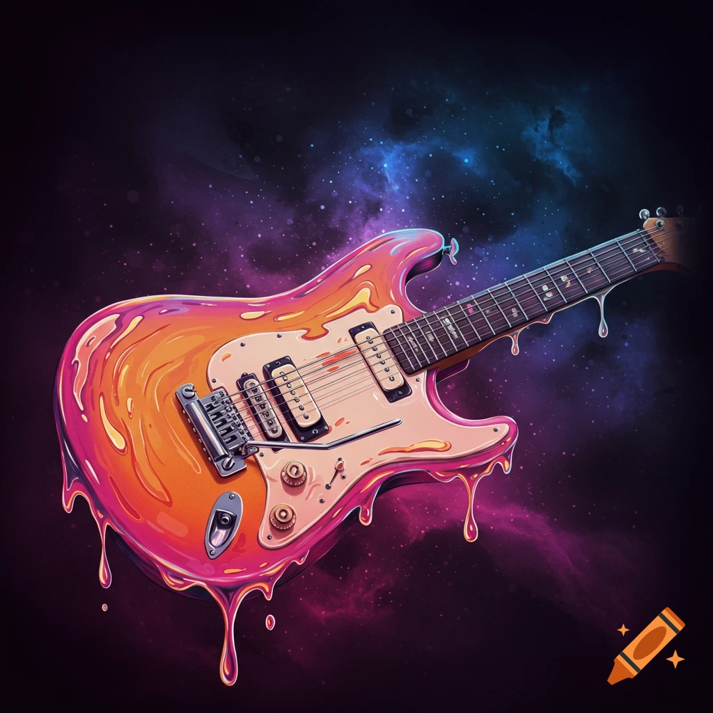 A melting electric guitar floats in a galaxy with pink and purple nebula.