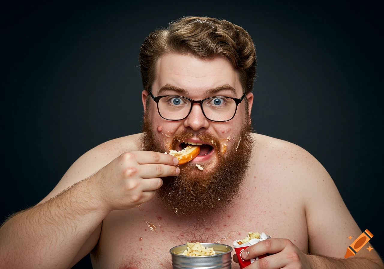 A man with a beard and glasses messily eats food from a can and cup.